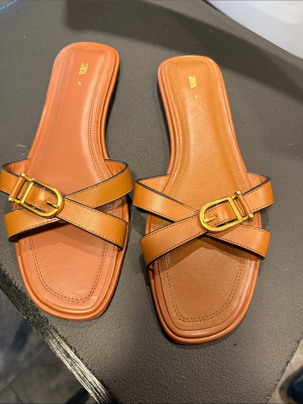 Zara Cognac Leather Slide Sandals with Gold Buckle Detail